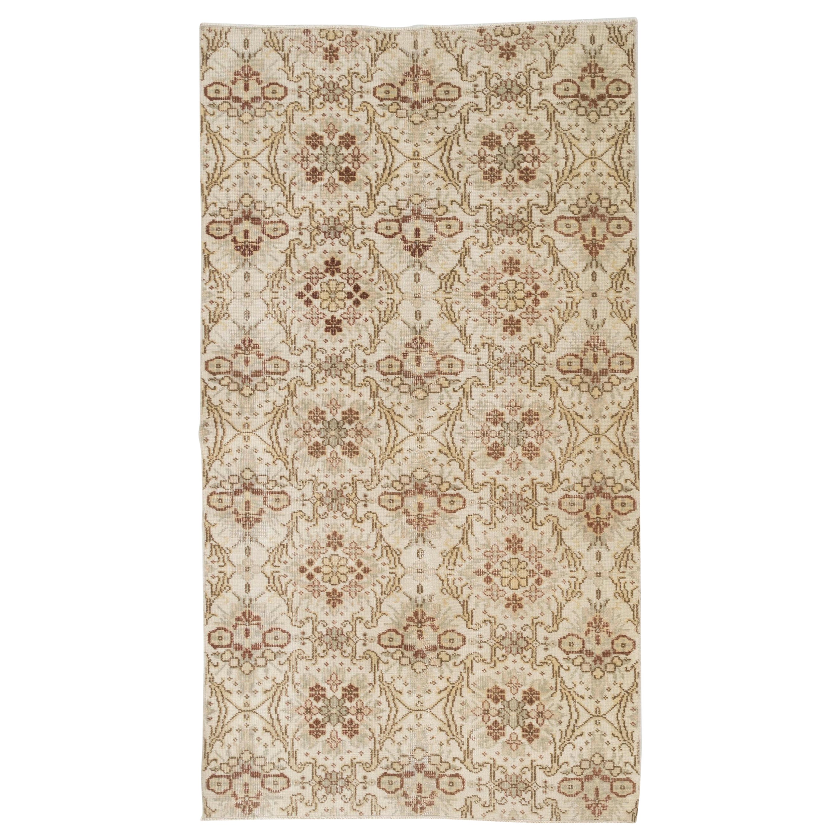 4 x 6.8 ft Hand-Knotted Vintage Turkish Oushak Accent Rug with Floral Design For Sale