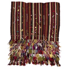 Vintage Hand-Woven Tribal Kurdish Wool Kilim. 4' x 4'8'' Flat-Weave Rug or Wall Hanging