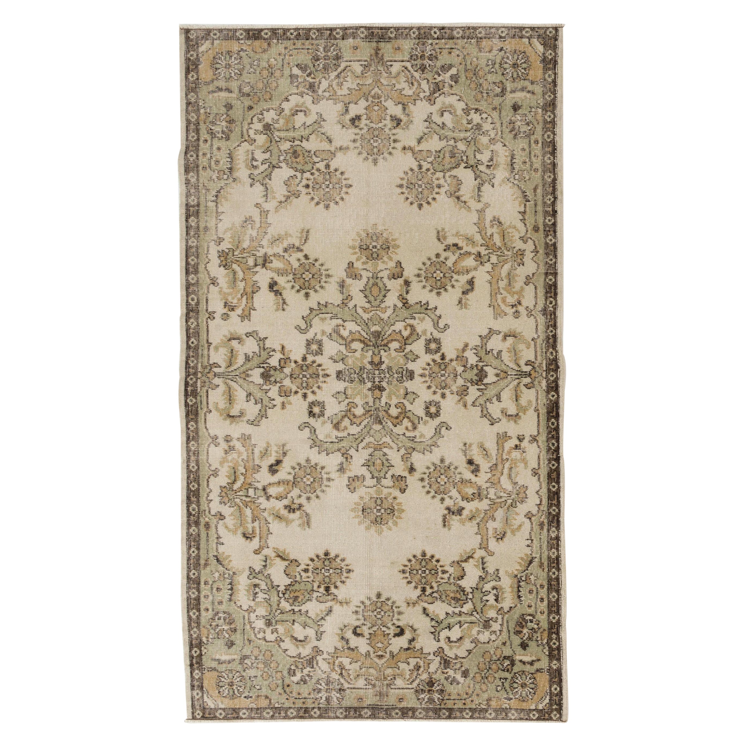 4x7 Ft Vintage Rug depicting French Floral Garden Design.  Beige Handmade Carpet