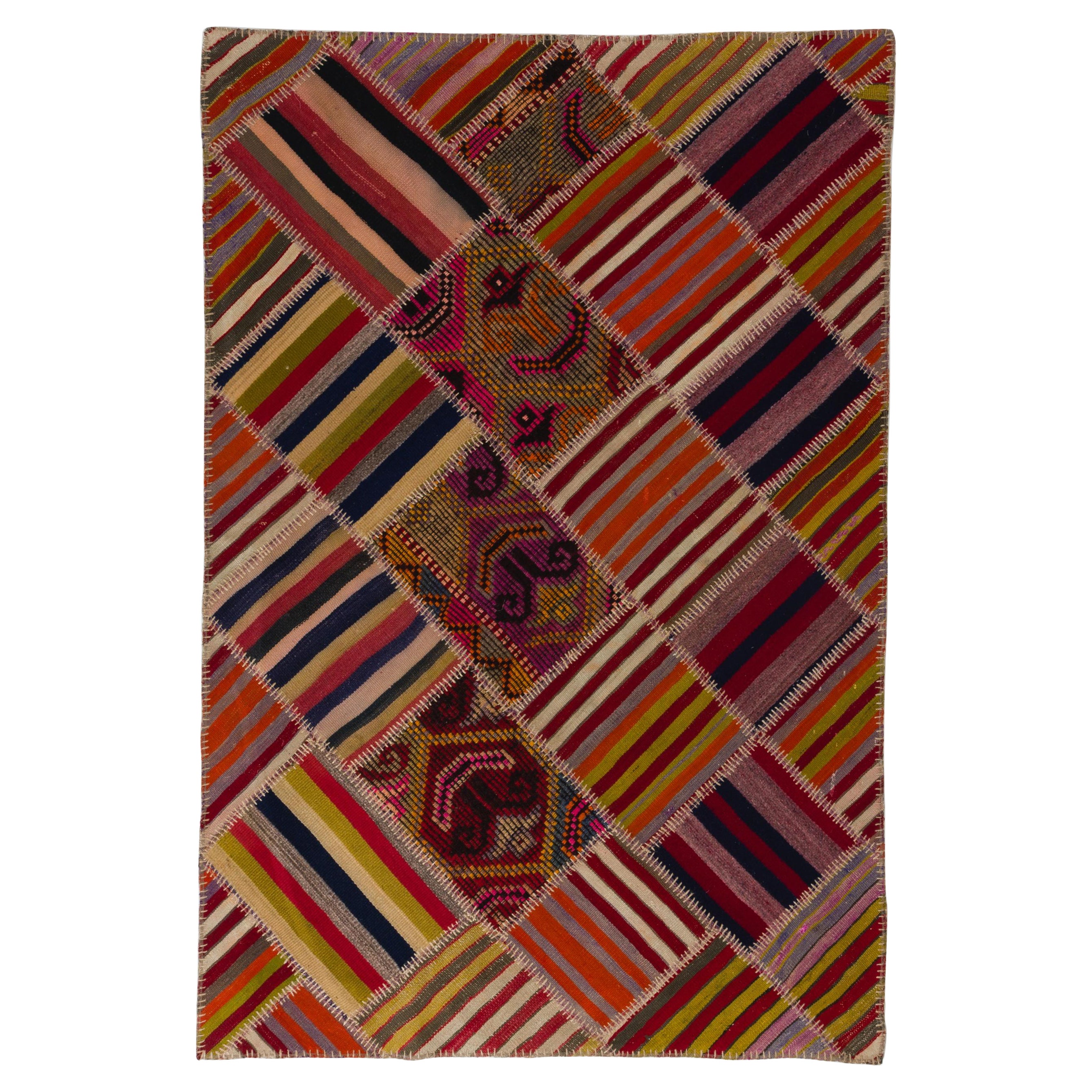4.2x6.3 ft Handmade Anatolian Patchwork Kilim Rug with Tribal Flair