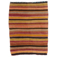 Kilim turc à rayures vintage en laine tissée à la main à plat/taille plate 3,2x4.3 pieds
