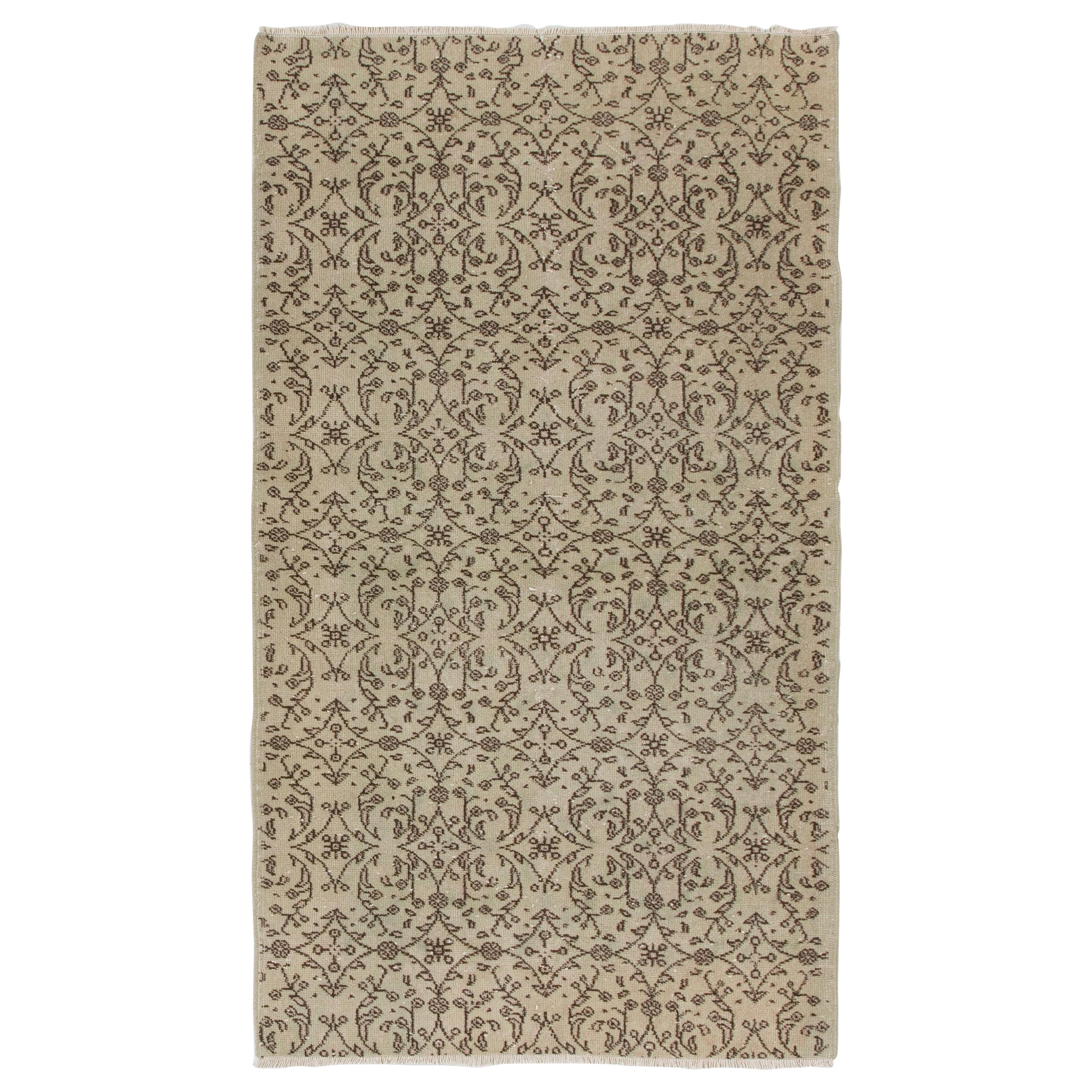 Hand-Knotted Vintage Floral Patterned Turkish Rug in Neutral Colors