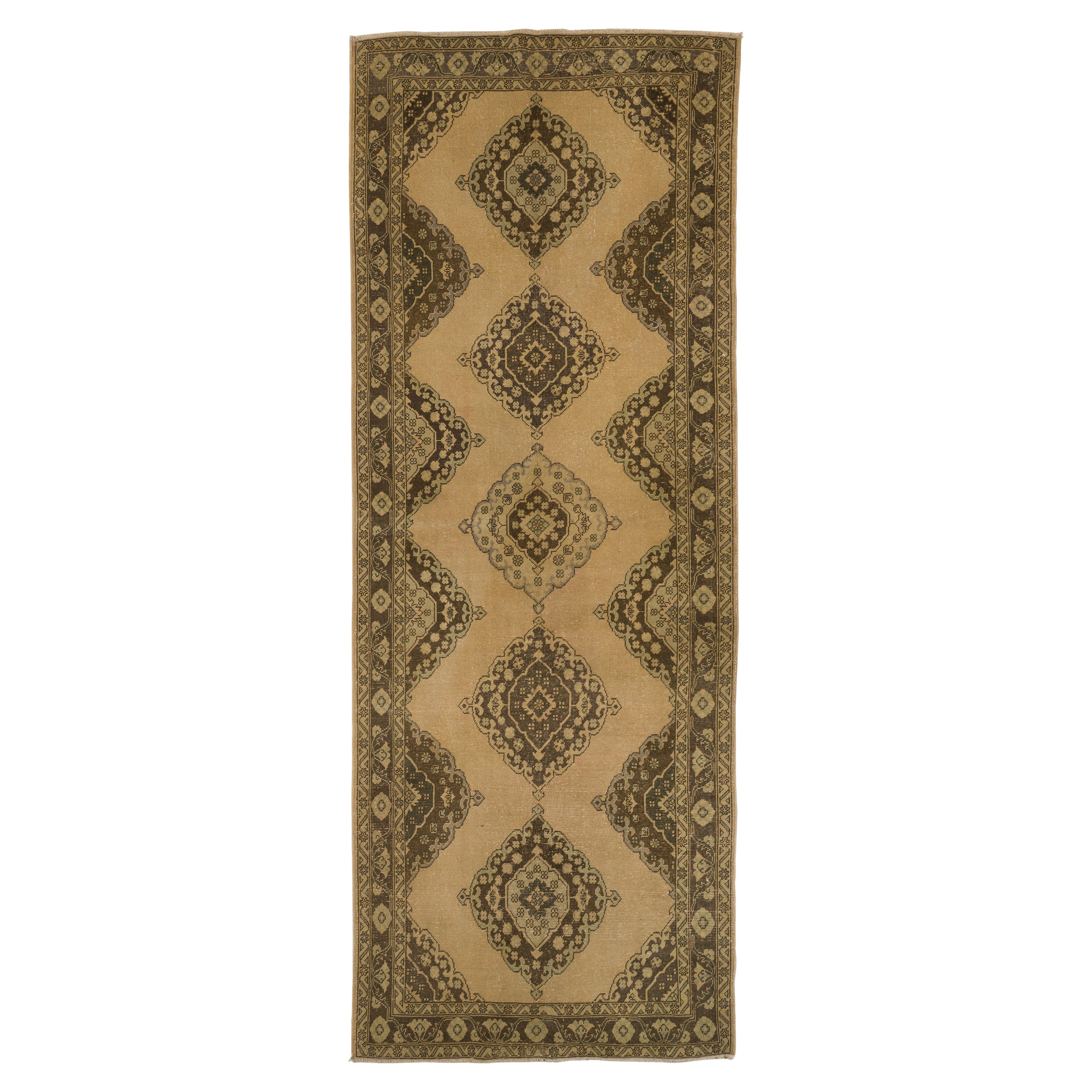 5x13.2 Ft Mid-Century Handmade Turkish Runner Rug for Hallway Decor, circa 1950