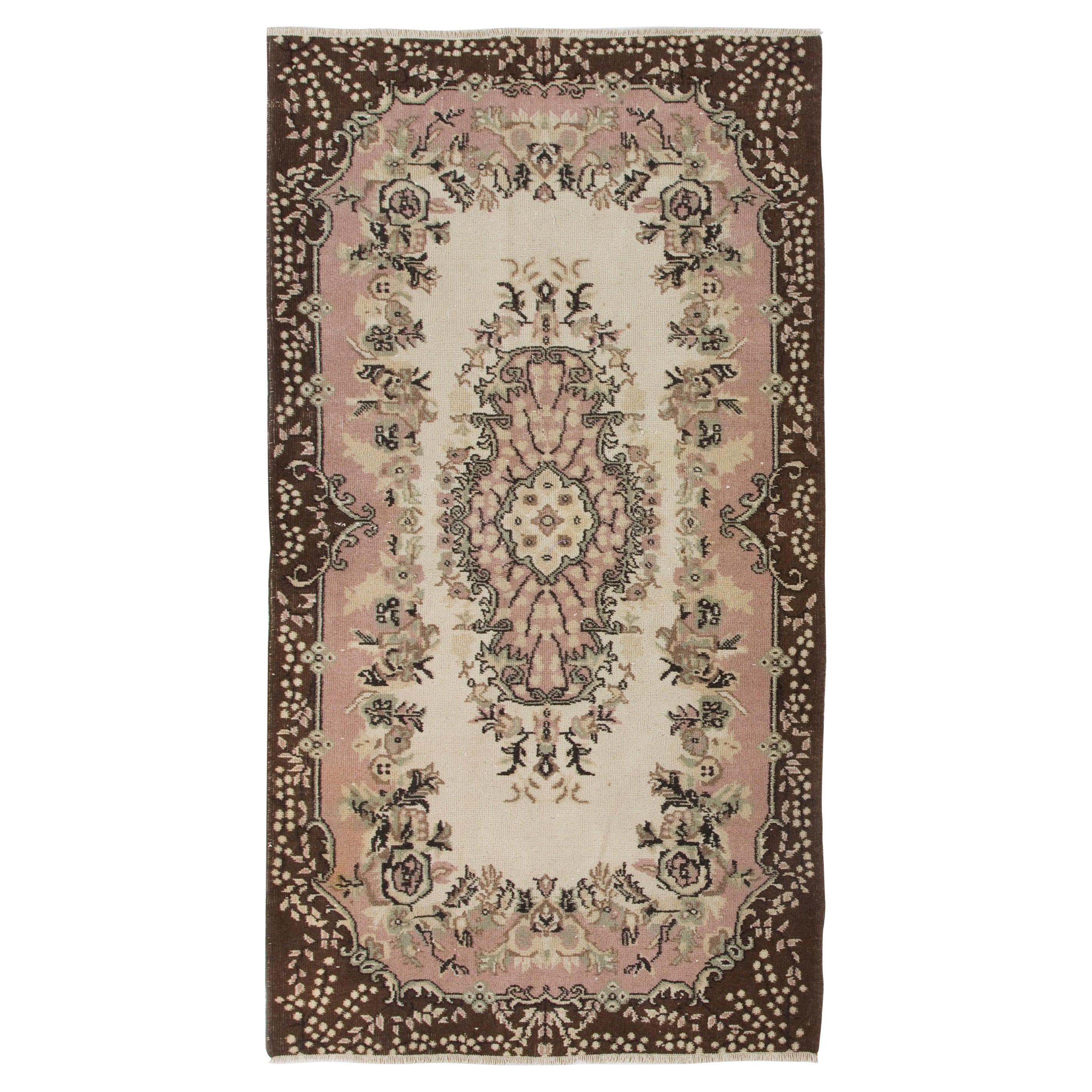 4x7 Ft Vintage Hand-Knotted Turkish Accent Rug with Floral Medallion Design