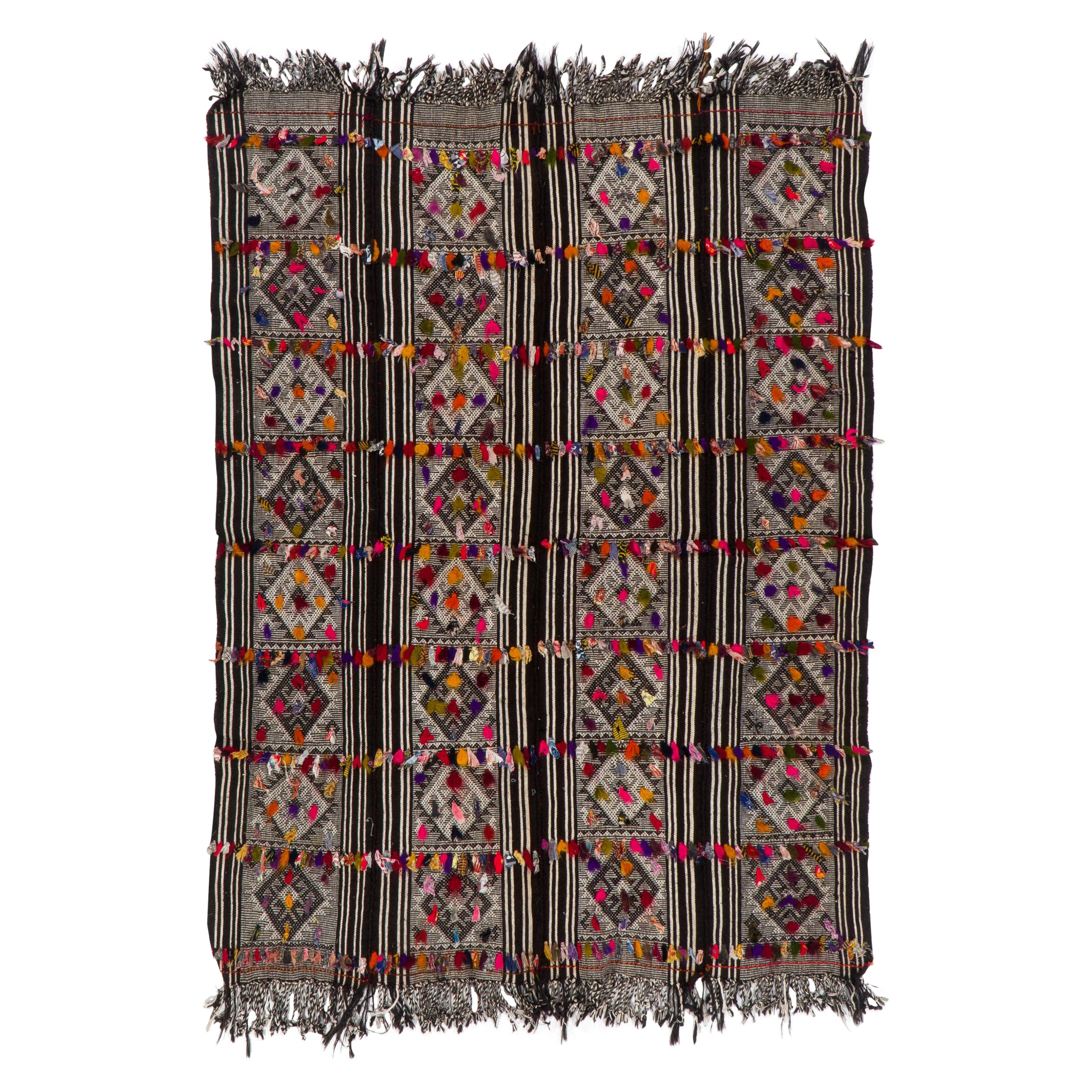 Kilim de Anatolia tejido a mano con pompones de colores