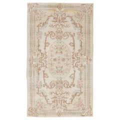 Mid-Century Aubusson Inspired Turkish Handmade Rug in Yellow, Pink