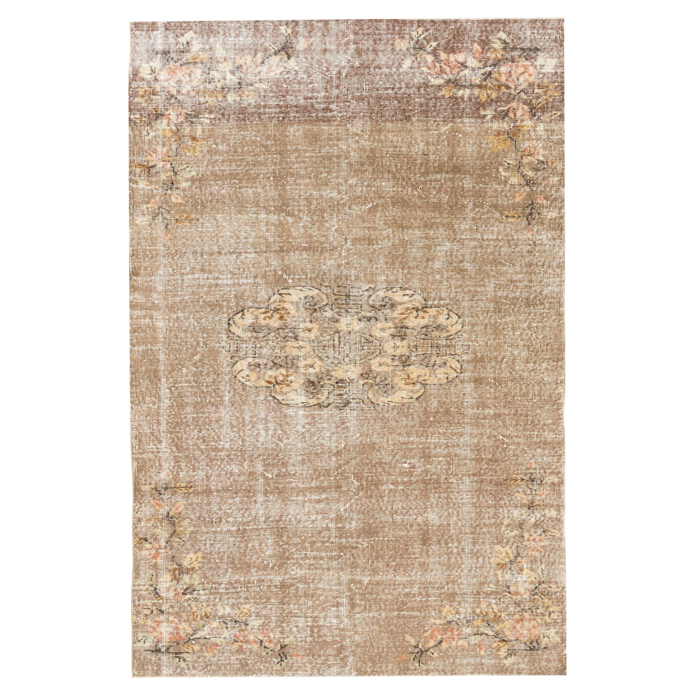 5.5x8.2 ft Distressed Vintage Turkish Wool Rug, Art Deco Design Cotton Carpet For Sale