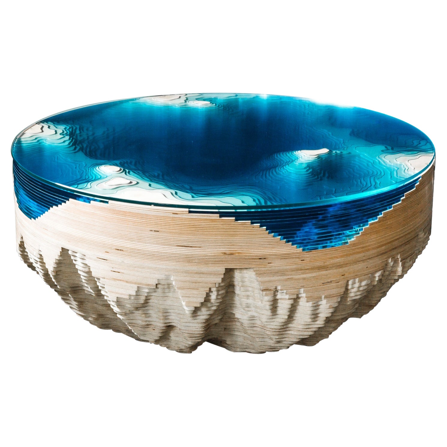 Modern Round Coffee Table in Birchwood & Glass For Sale