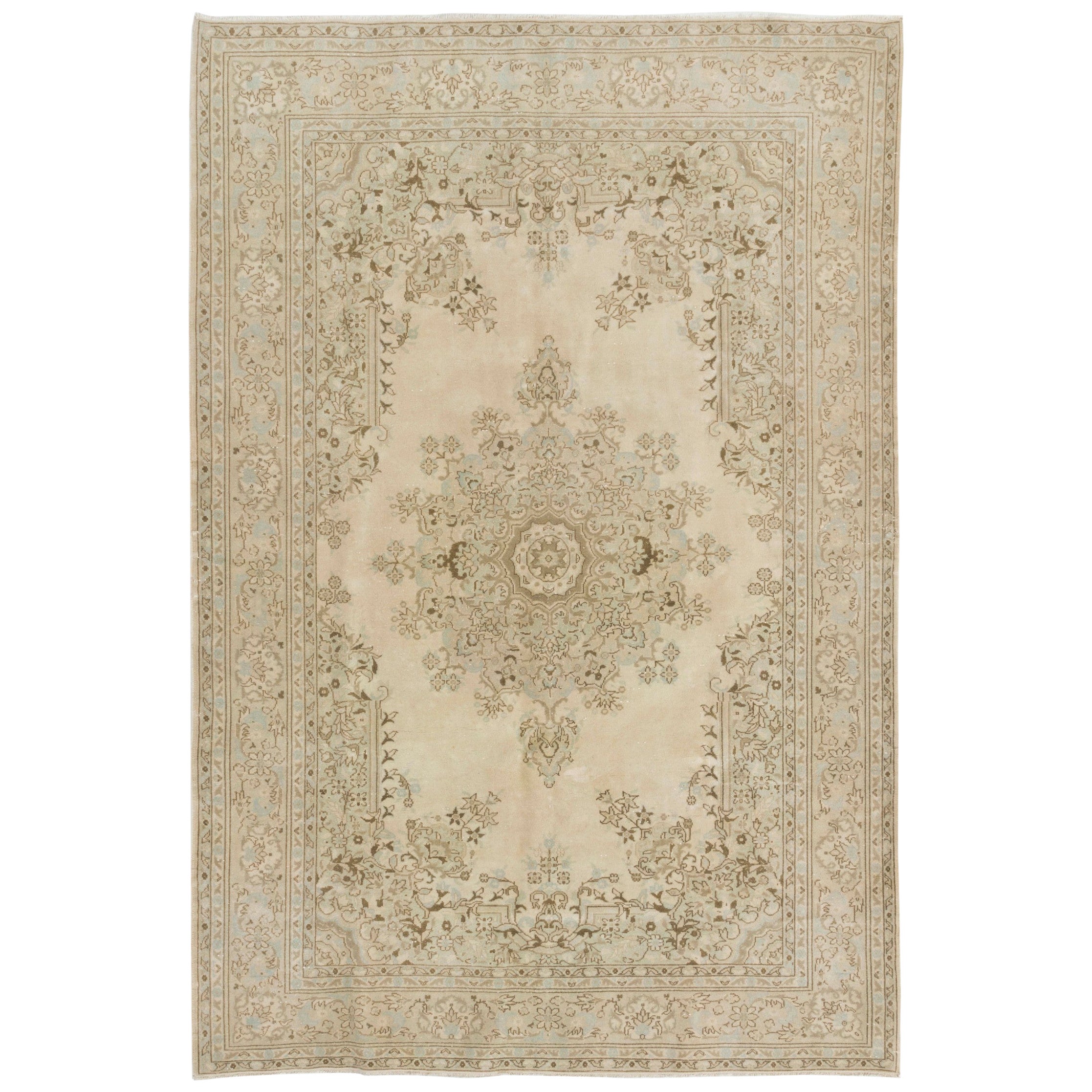 One-of-a-Kind Vintage Handmade Turkish Oushak Wool Rug in Cream, Gray