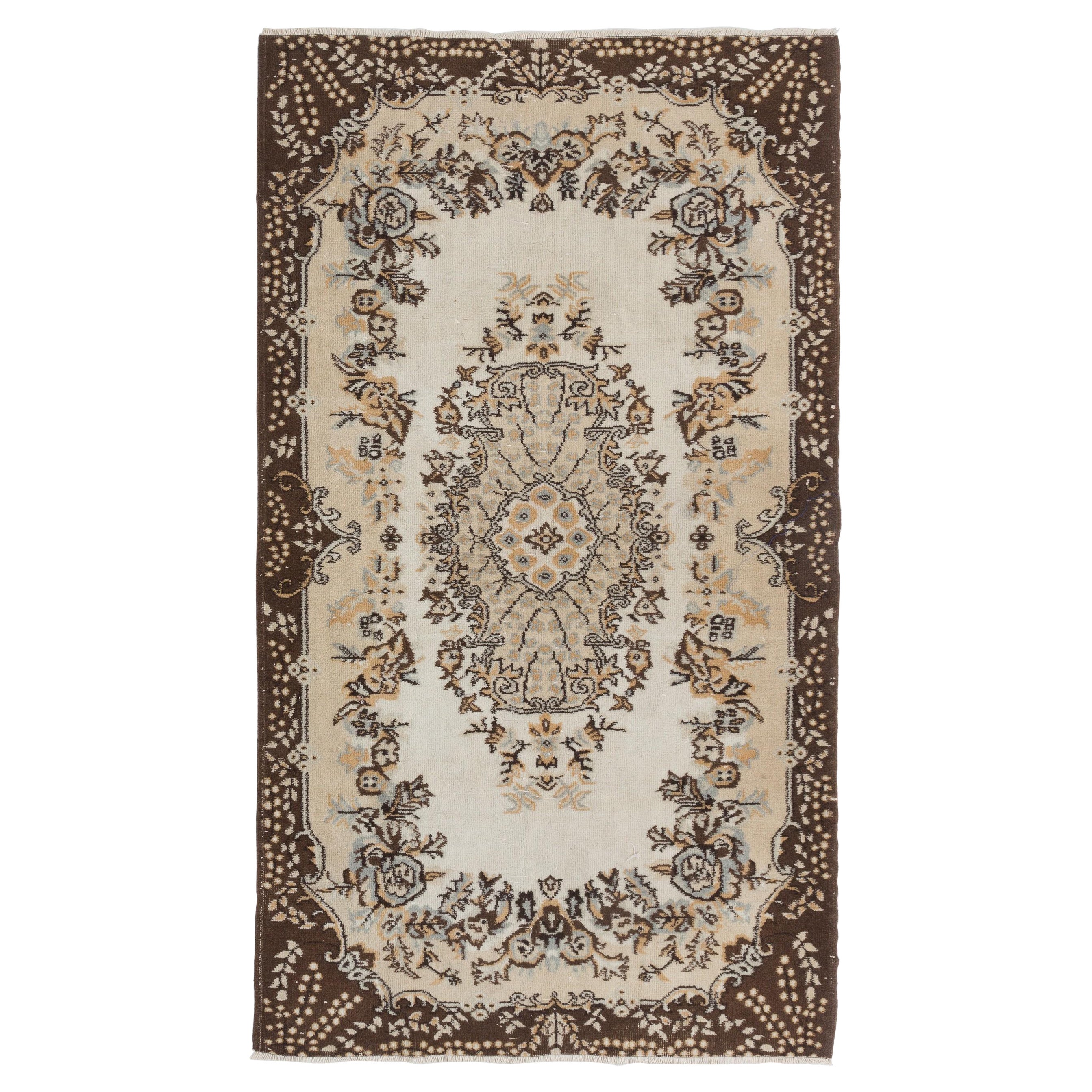 4x7 ft Hand-Knotted Vintage Turkish Accent Rug with Floral Medallion Design For Sale