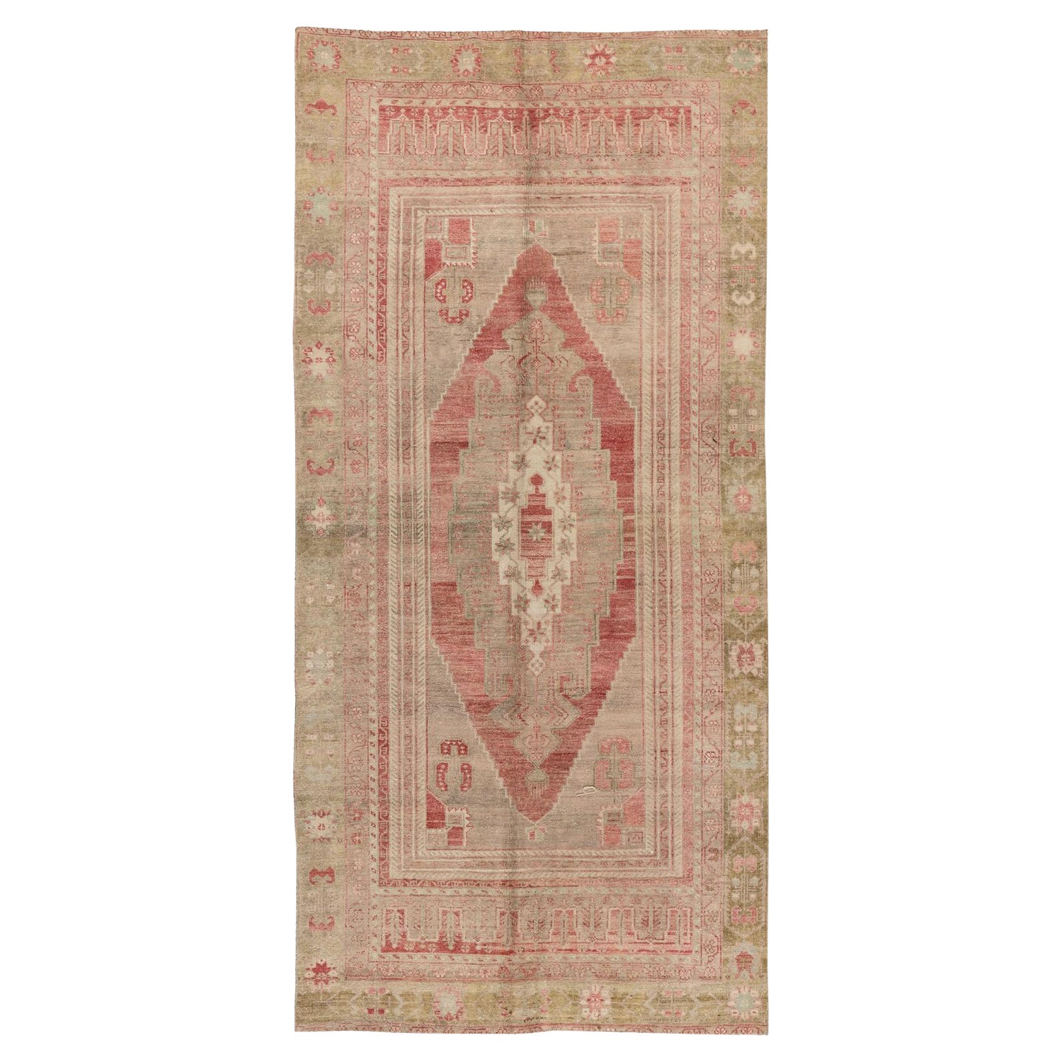 4x9.5 Ft Vintage Turkish Oushak Rug in Soft Colors. 100% Wool Oriental Carpet