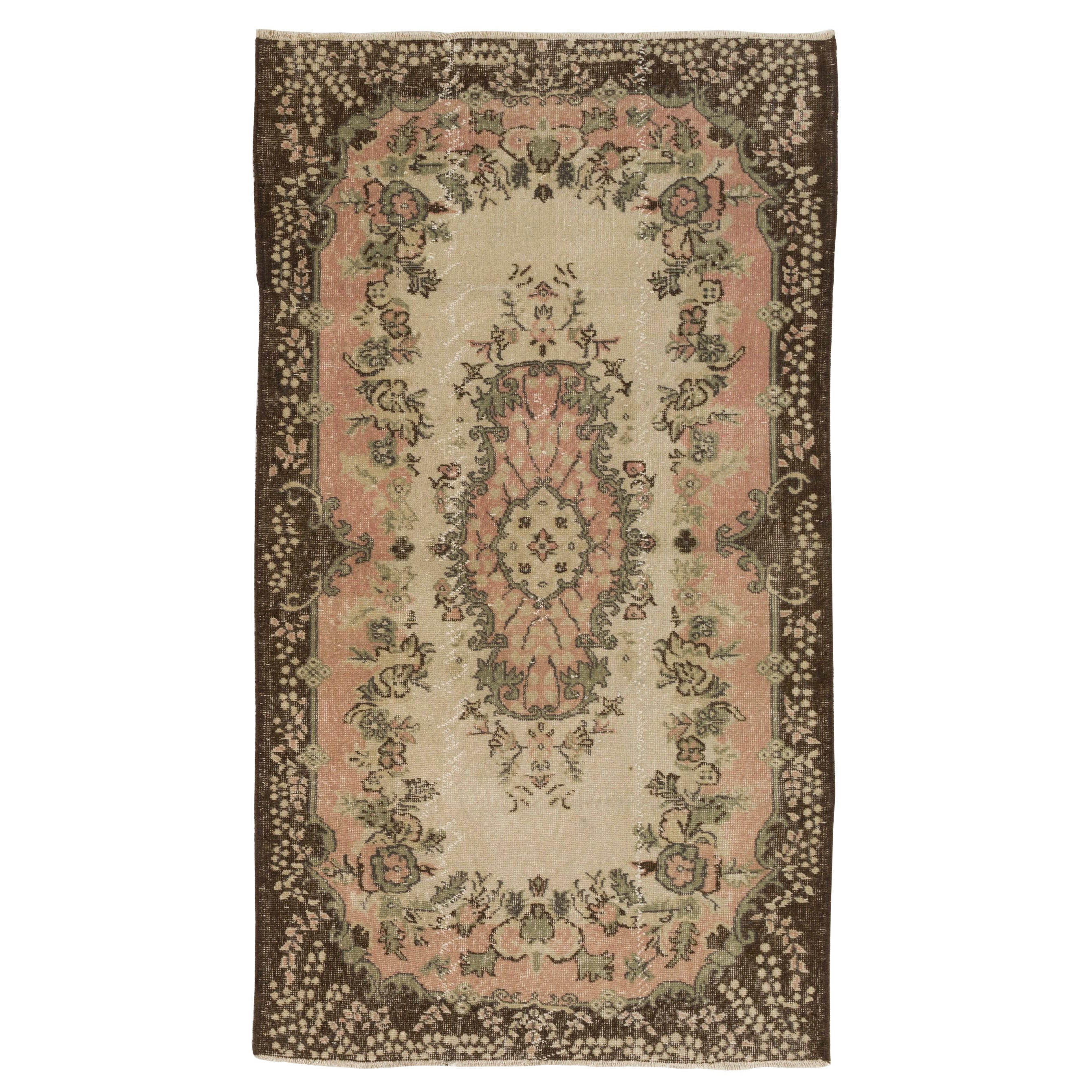 4x7.2 Ft Vintage Hand-Knotted Turkish Rug in Beige, Green, Pink & Brown Colors