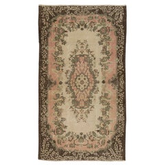 4x7.2 Ft Vintage Hand-Knotted Turkish Rug in Beige, Green, Pink & Brown Colors