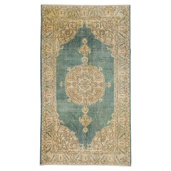 4x7 Ft Vintage Hand-Knotted Turkish Oushak Wool Rug in Teal, Beige, light Brown