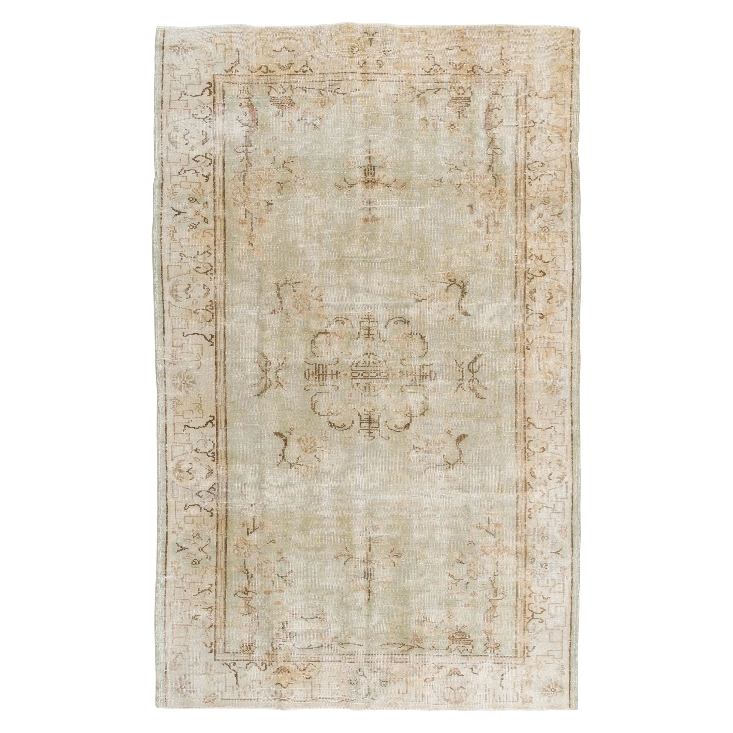 5.8x9 ft Art Deco Chinese Inspired Vintage Handmade Rug in Faded Light Green For Sale