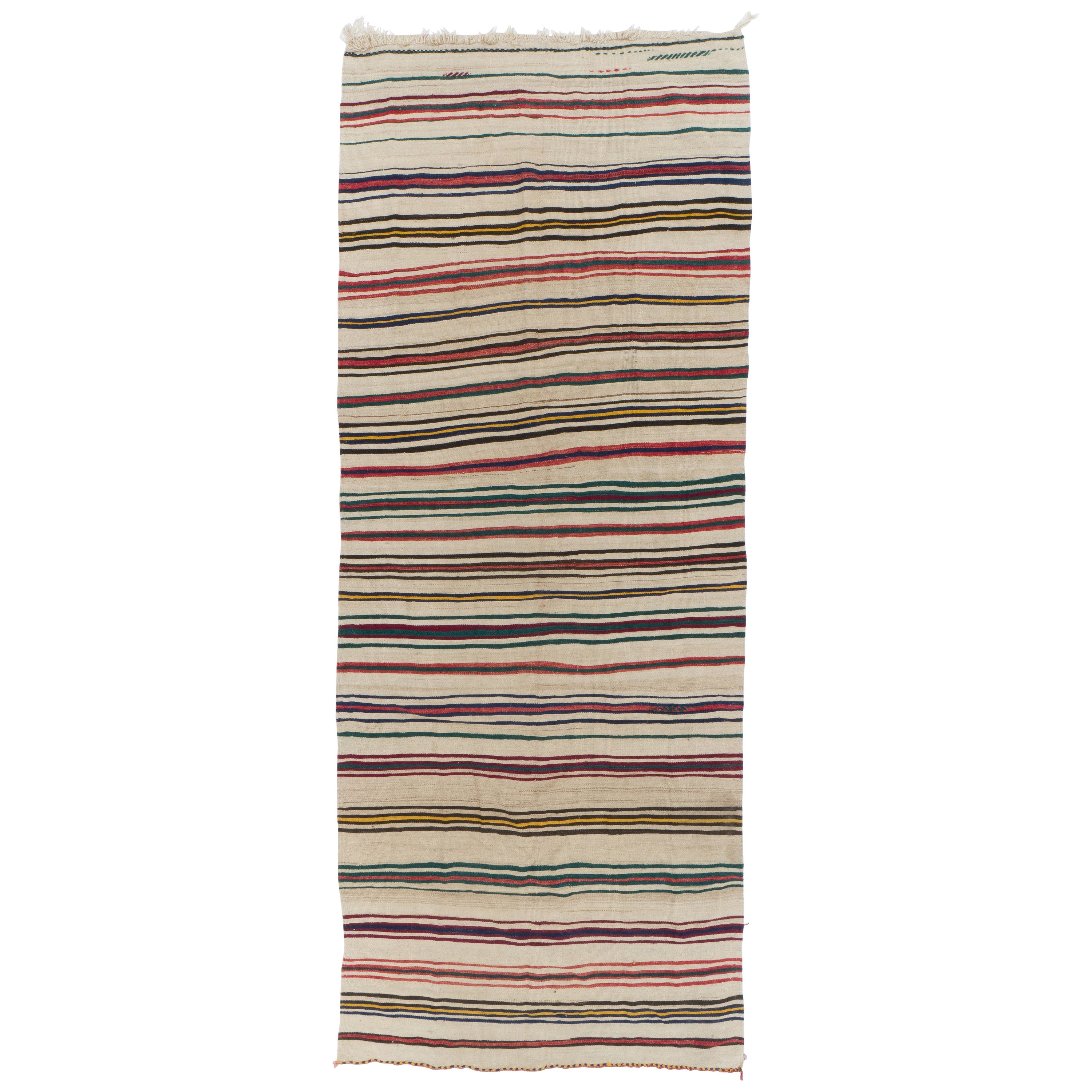 5x13.3 Ft Handwoven Striped Vintage Runner Kilim, FlatWeave Wool Floor Covering For Sale