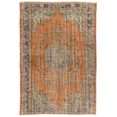 6x9 Ft Distressed Hand-knotted Vintage Turkish Wool Area Rug in Orange and Blue