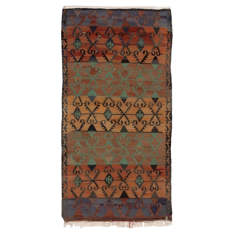 Tapis Kilim Turc Vintage 2x11 Pieds - Laine Tissée Main - Années 1970 - Motif Multicolore - Excellent état