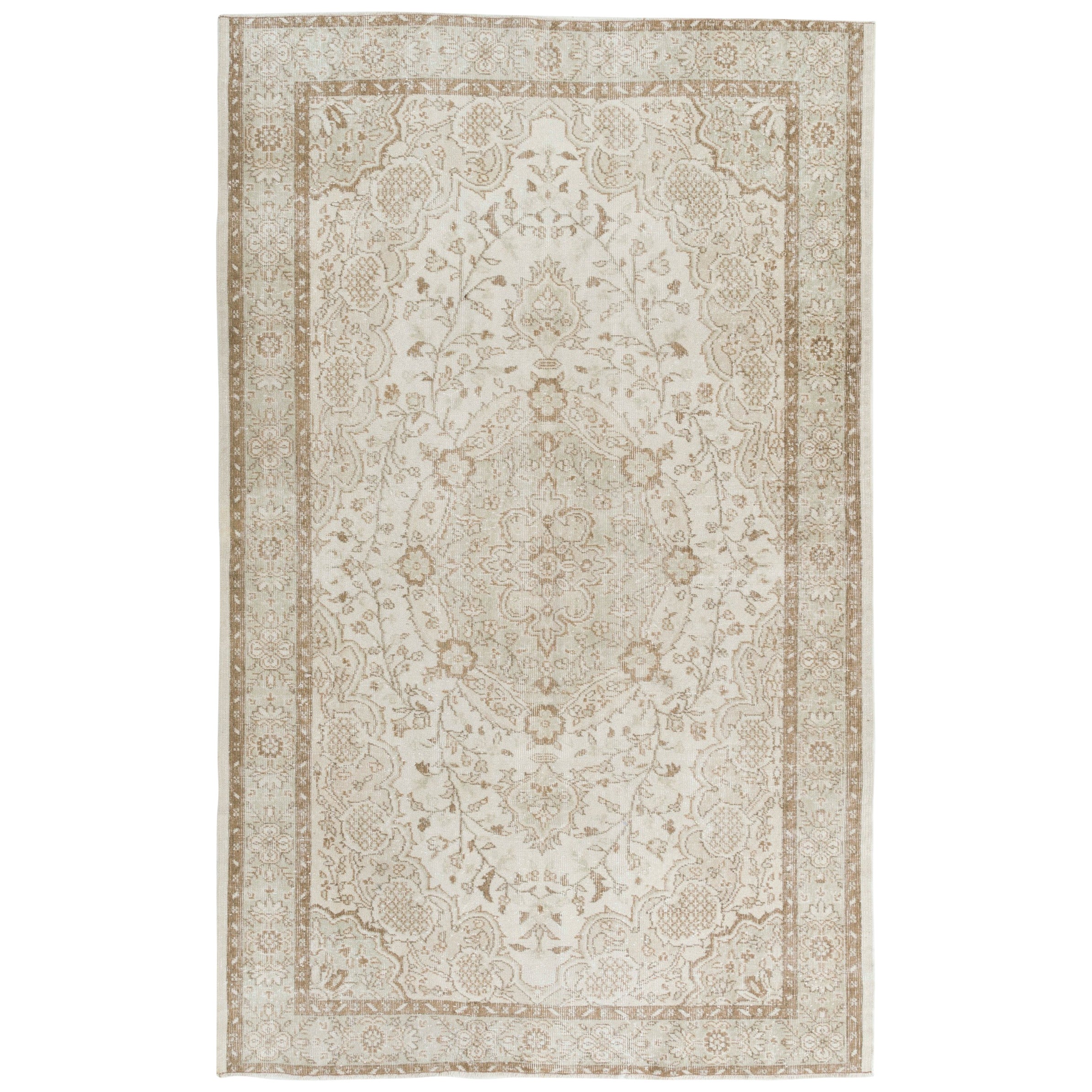 6.2x9.7 Ft Vintage Hand-Knotted Turkish Oushak Wool Area Rug in Neutral Colors For Sale