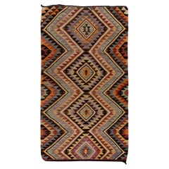 6.2x11 Ft Vintage Hand-woven Turkish Wool Kilim Runner. Geometric Design Rug