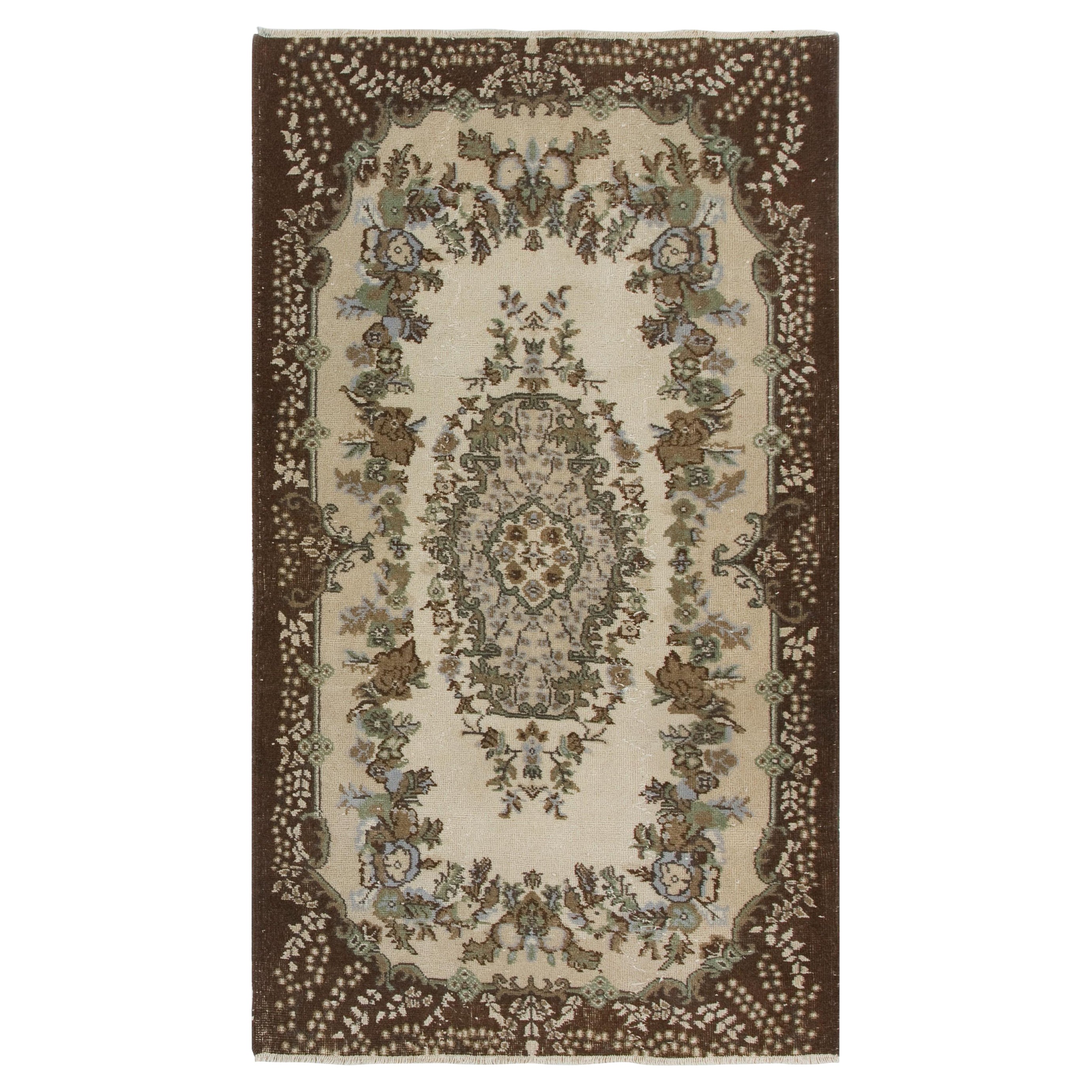 4x7 ft Hand-Knotted Vintage Anatolian Accent Rug with Floral Medallion Design For Sale