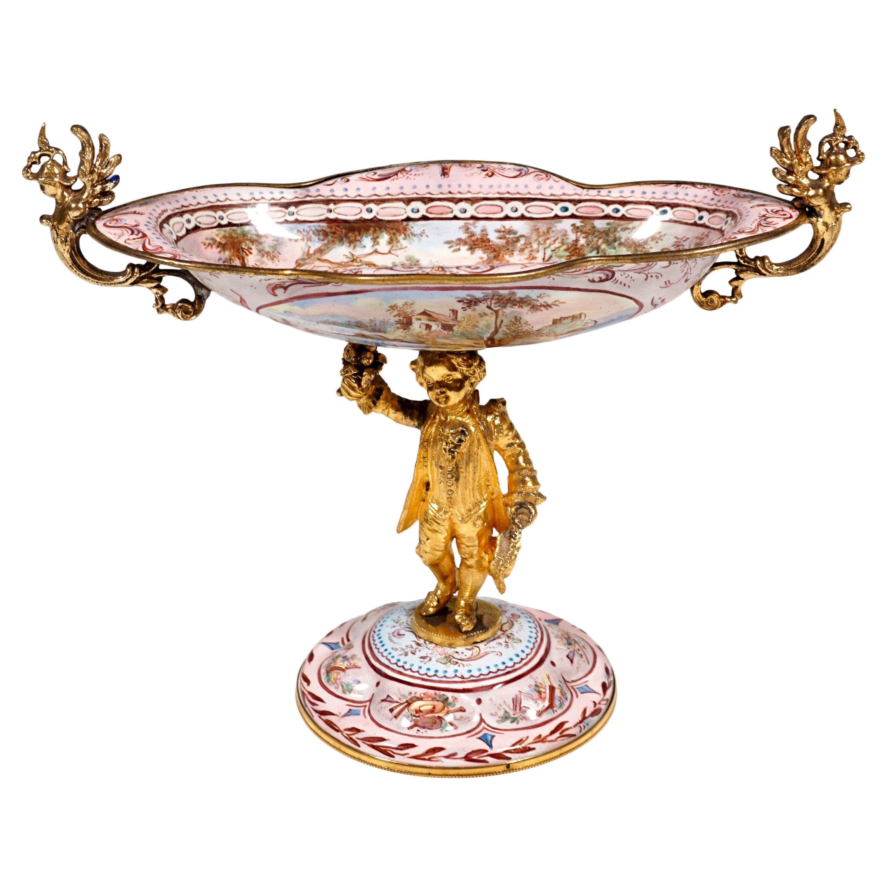 19th Century Viennese Enamel Centerpiece with Watteau and Arabesque Painting For Sale