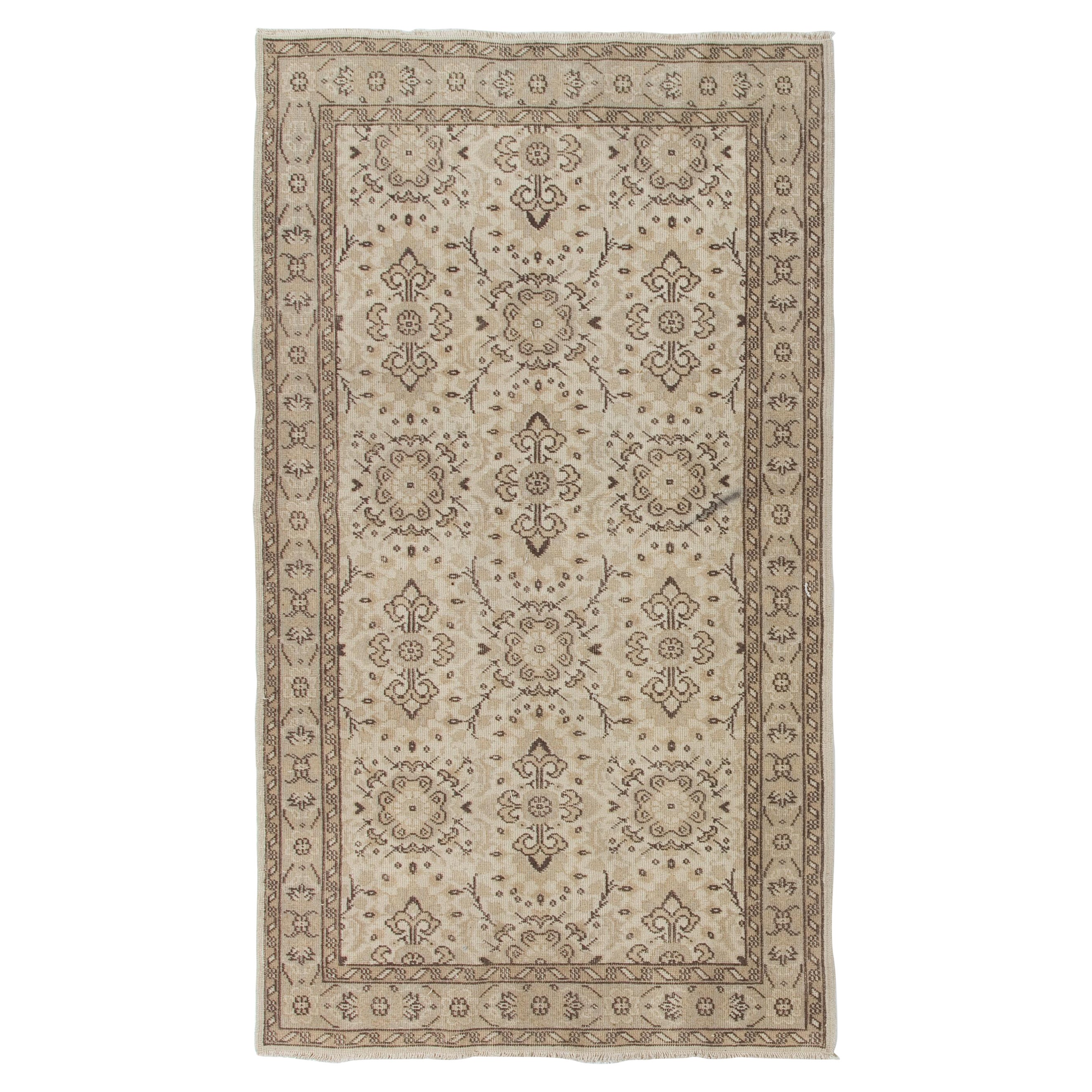 4x7 ft Vintage Floral Design Handmade Central Anatolian Rug in Neutral Colors For Sale