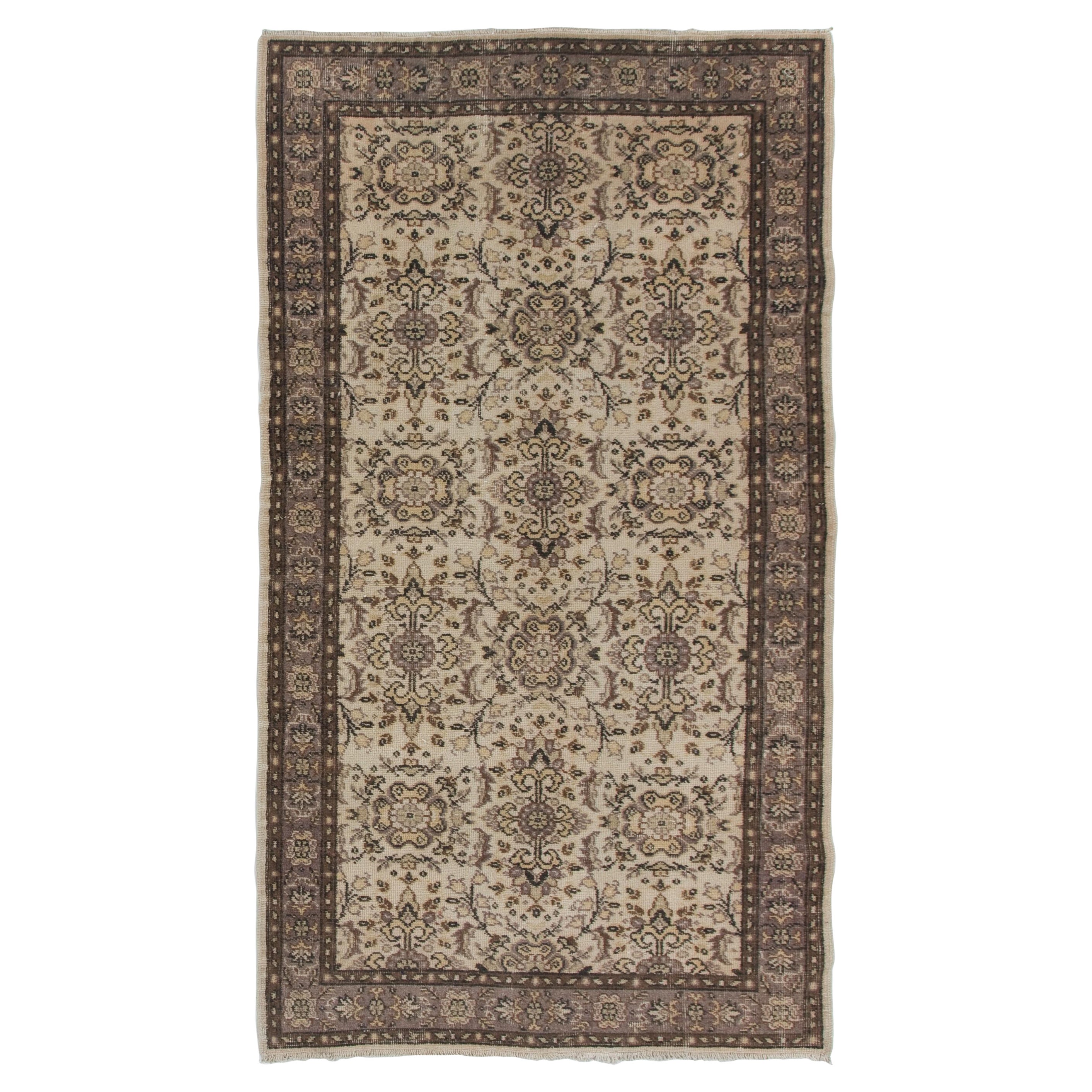 4x7 ft Handmade Mid-Century Turkish Oushak Carpet with All-Over Floral Design