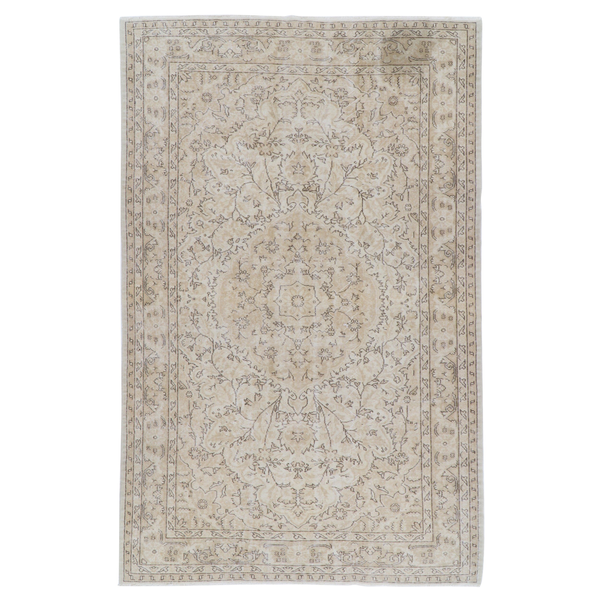 6.3x10 Ft Vintage Distressed Handmade Wool Anatolian Rug in Soft Neutral Colors