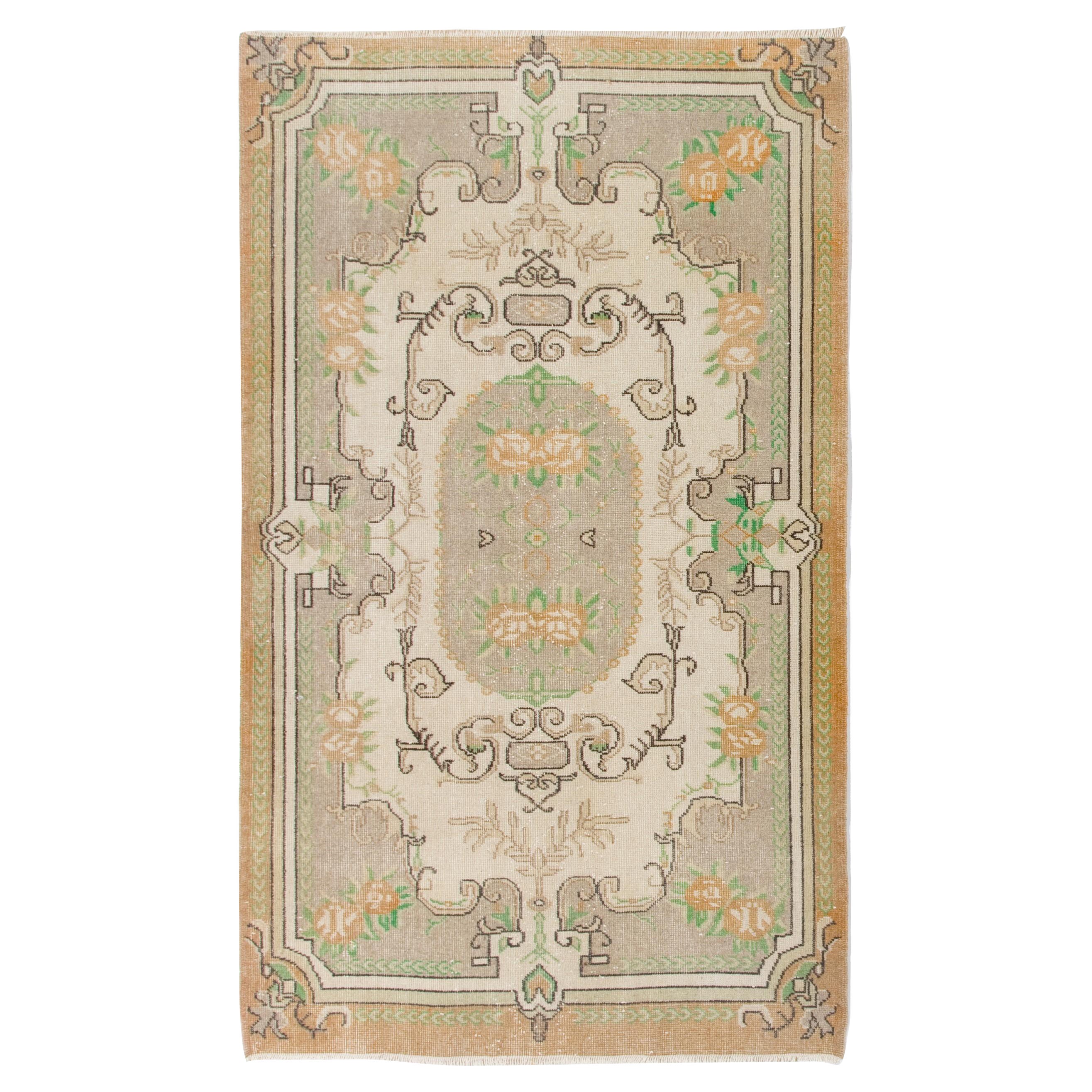 4x7 ft Mid Century French Aubusson Inspired Handmade Floral Turkish Wool Rug