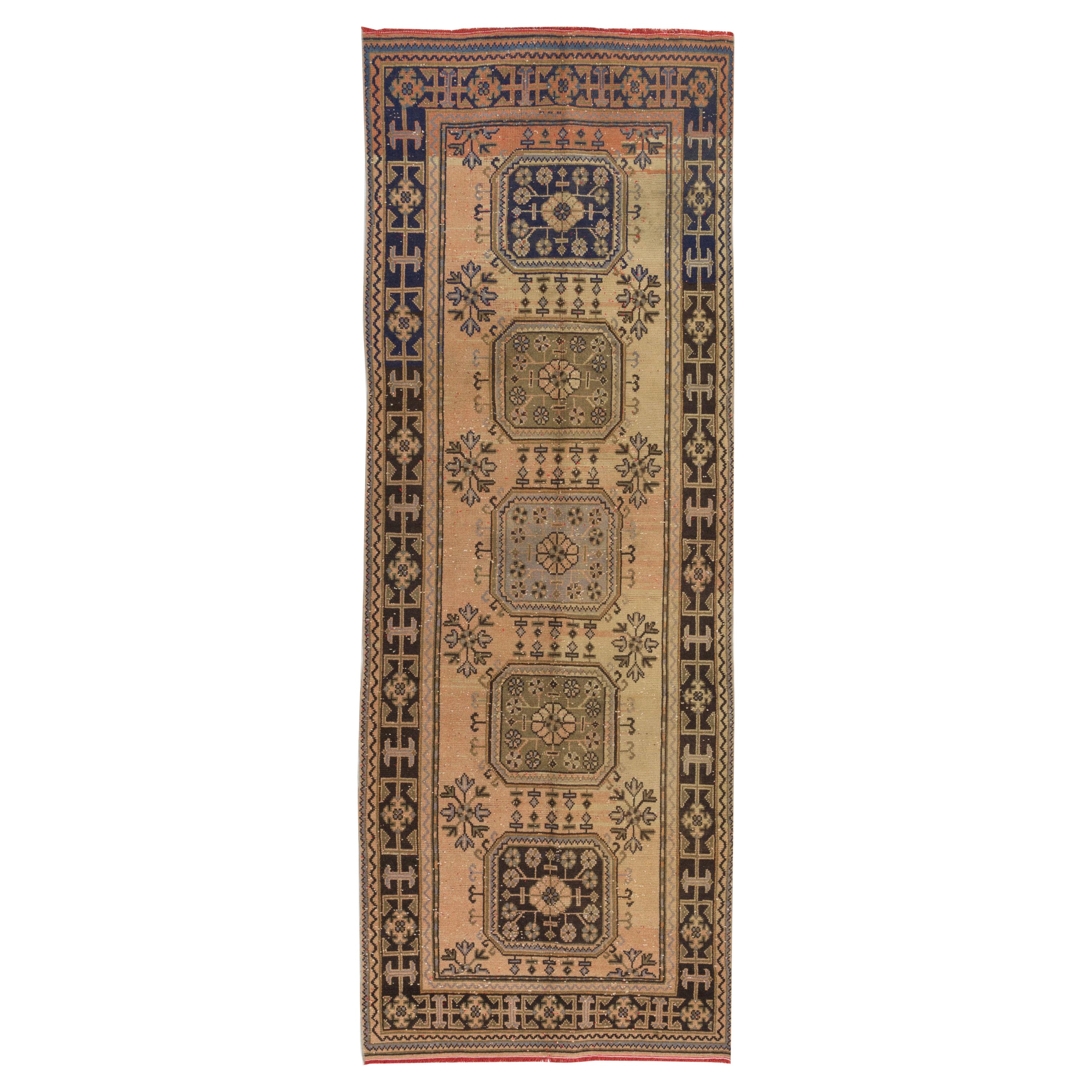 Handgefertigter türkischer Vintage-Teppich mit 4.2x11.6 Fuß. Läufer aus Wolle und Baumwolle für den Flur