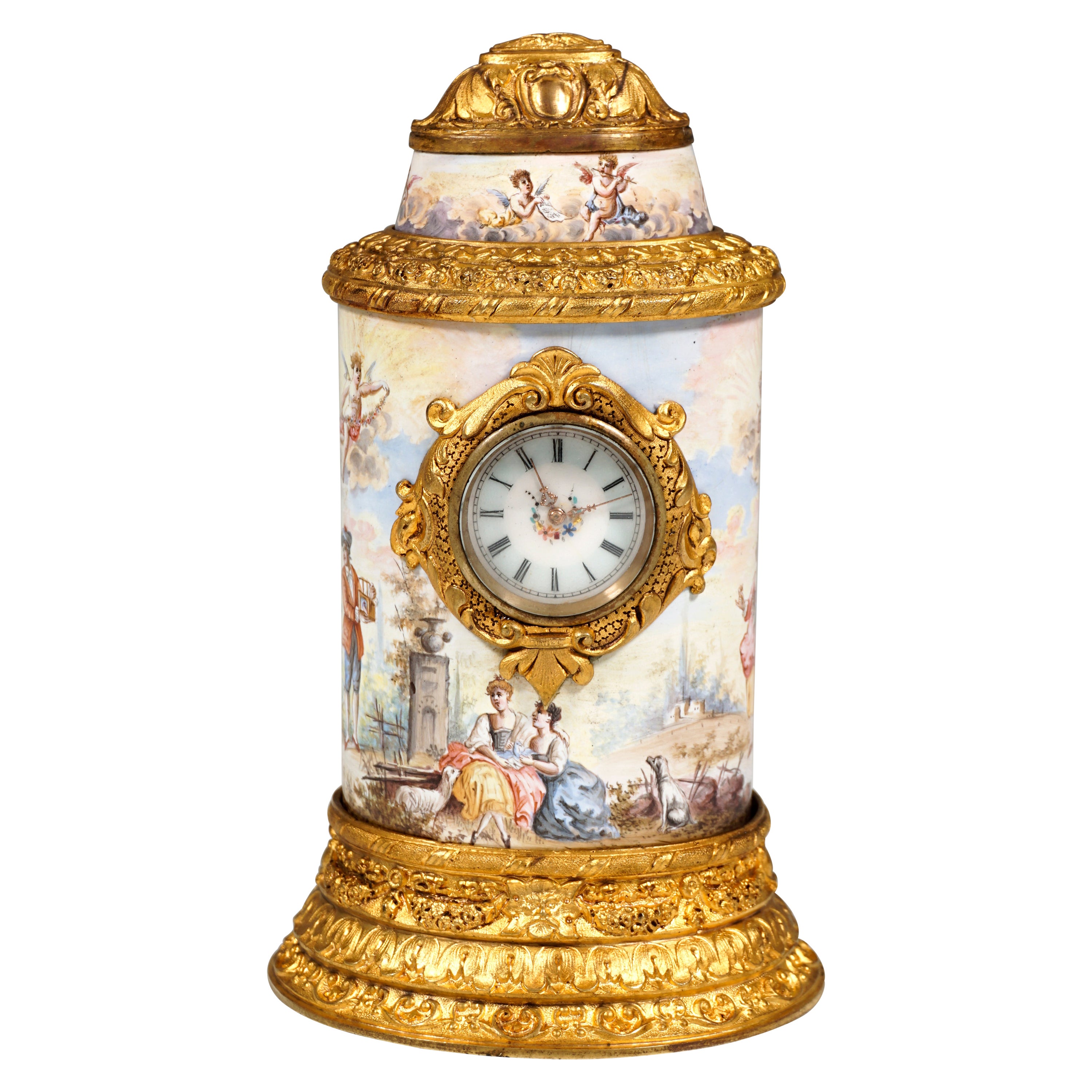 19th Century Viennese Enamel Table Clock with Fire-Gilding and Watteau Painting