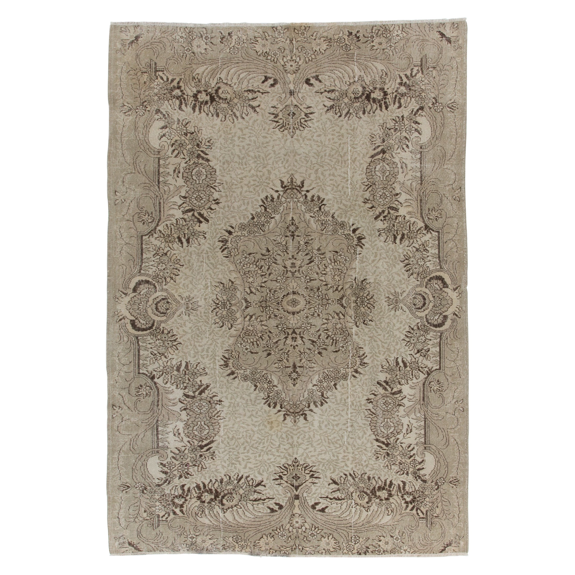 6.7x10 Ft Hand-Knotted 1950s Turkish Oushak Area Rug in Beige, Sun Faded Carpet For Sale