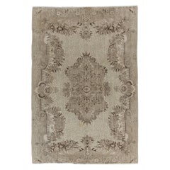 6.7x10 Ft Hand-Knotted 1950s Turkish Oushak Area Rug in Beige, Sun Faded Carpet