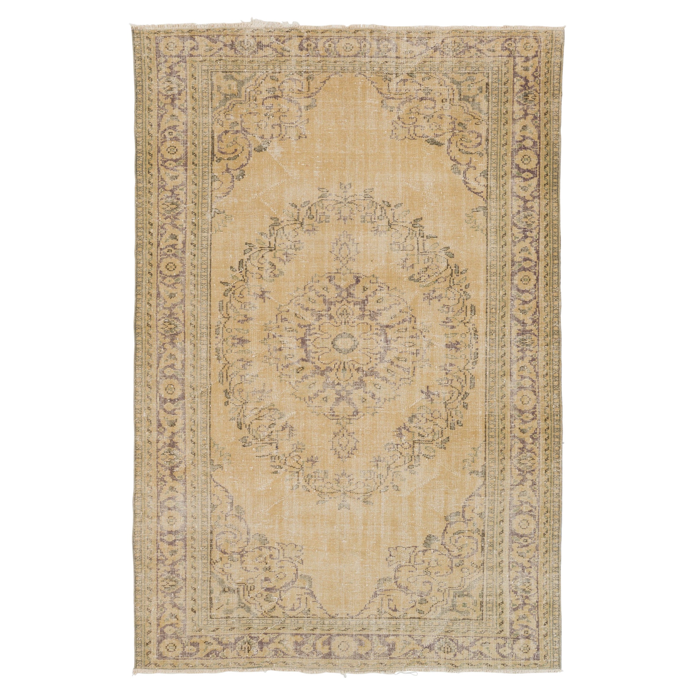 6.8x10 Ft One of a Kind Vintage Hand Knotted Oushak Area Rug in Soft Colors For Sale