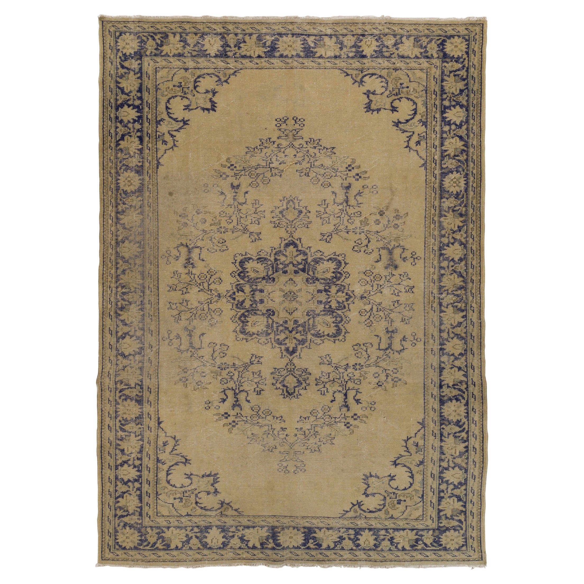 7x10 Ft Vintage Hand-Knotted Distressed Turkish Oushak Area Rug in Sand & Indigo For Sale