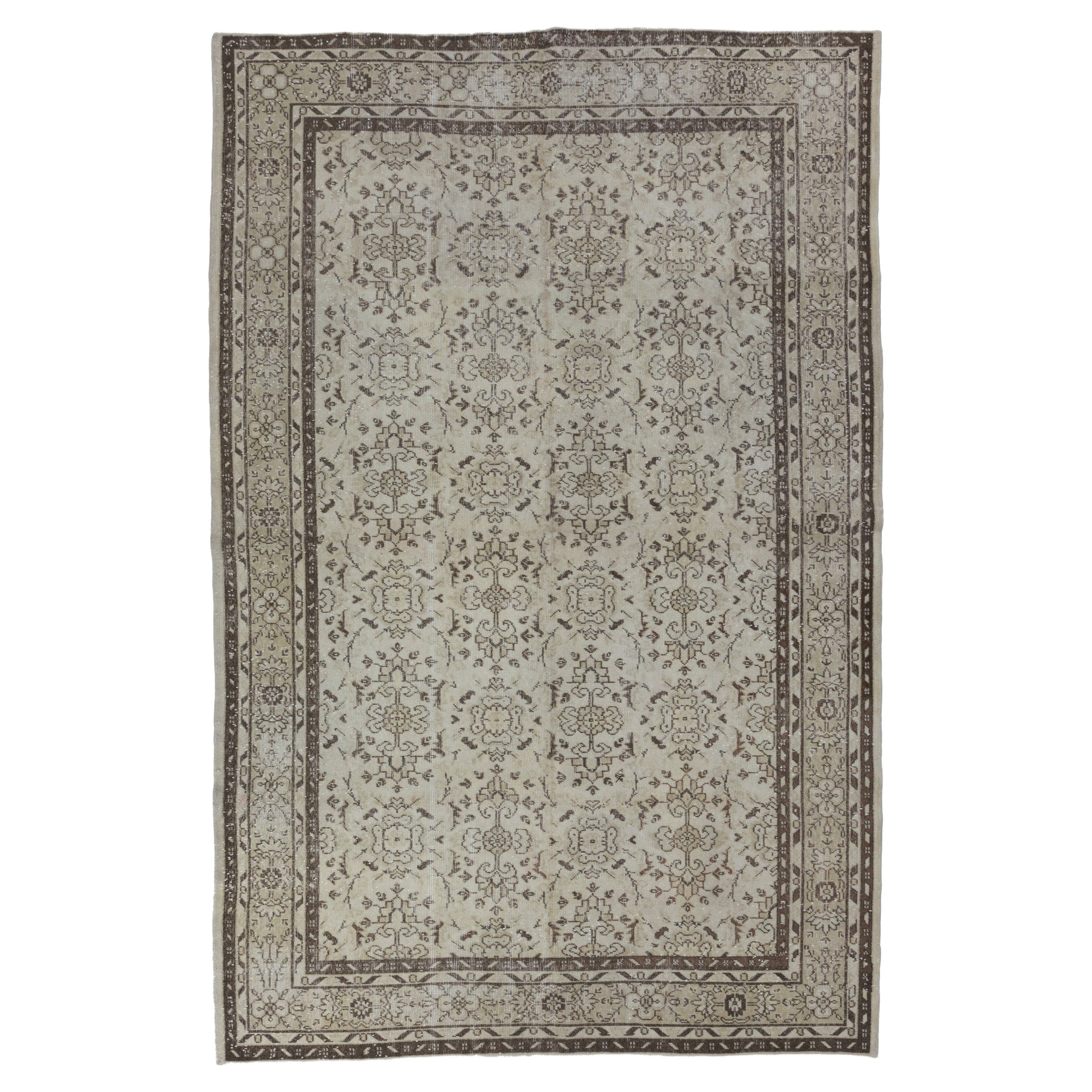 7.2x10.4 Ft Vintage Turkish Area Rug in Neutral Beige, Brown, Off White Colors. 
