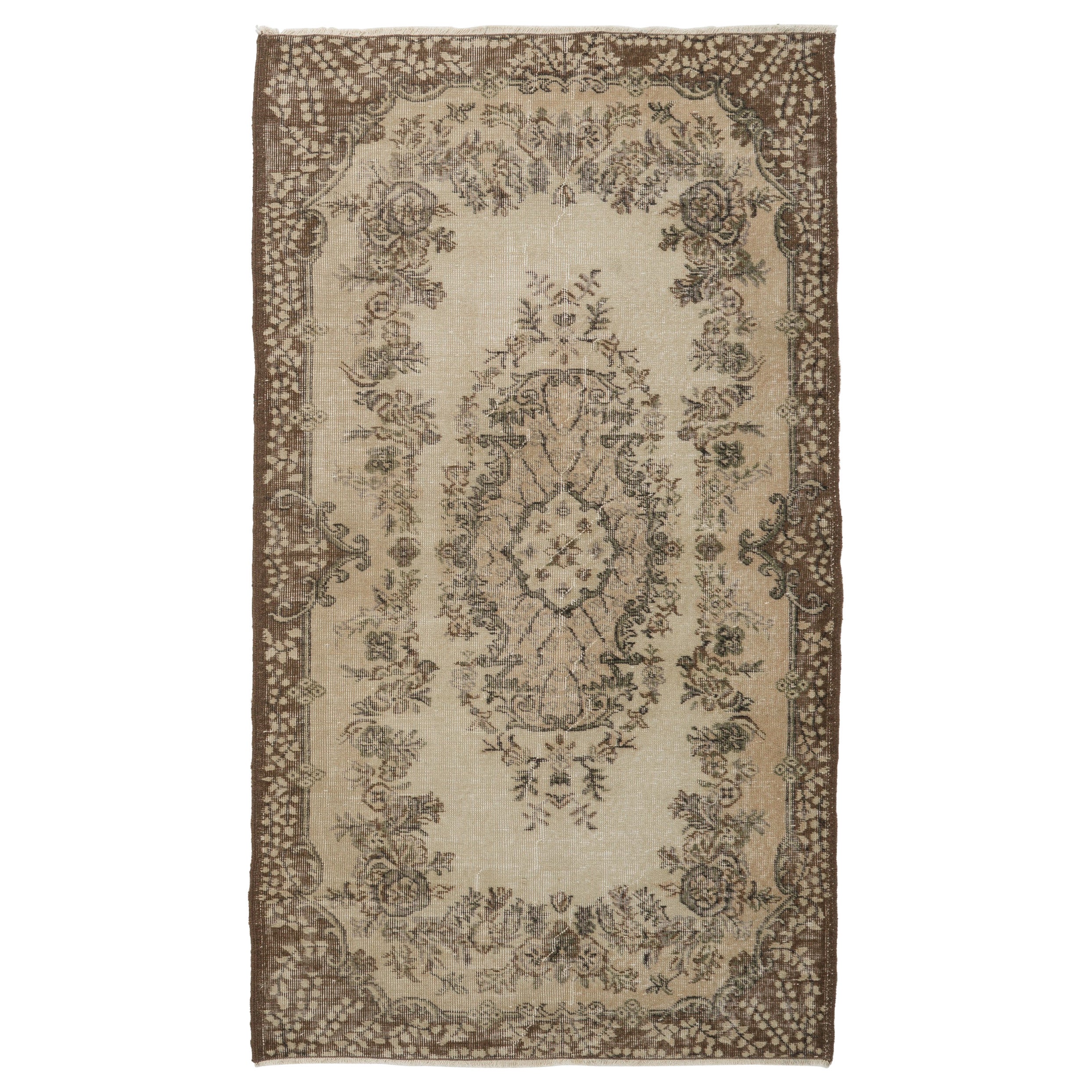 4x7 Ft Handmade Vintage Turkish Accent Rug in Beige & Brown. Faded Wool Carpet