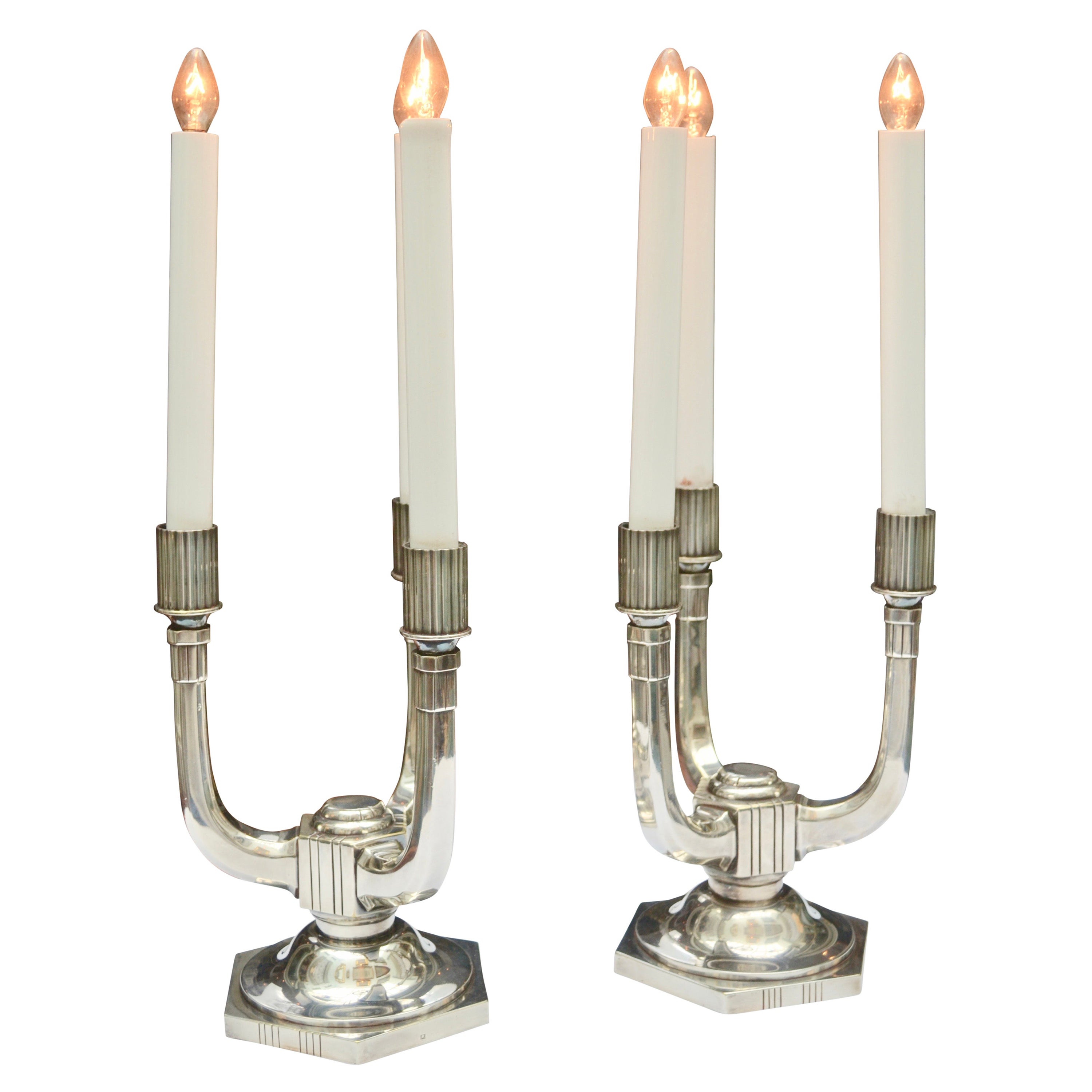 Period Art Deco Silvered Bronze Lamps/Candlesticks 