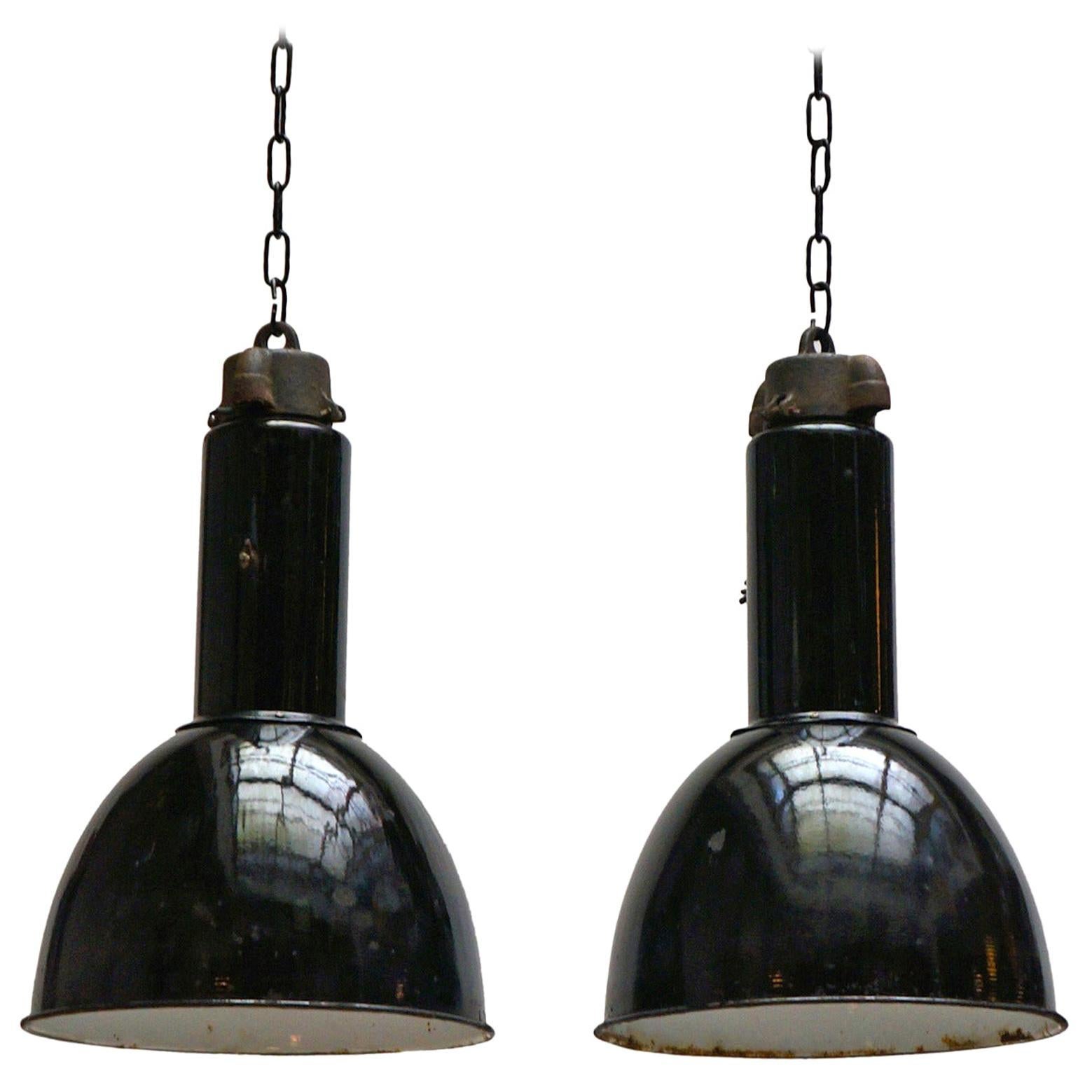 Two Enamel Industrial Factory Pendant Lights