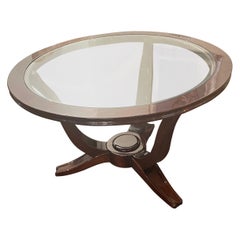 Vintage Lelu Style Art Deco French Round Wood Coffee Table with Glass Top