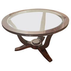 Table basse ronde en bois Art Déco français de style Lelu avec plateau en verre