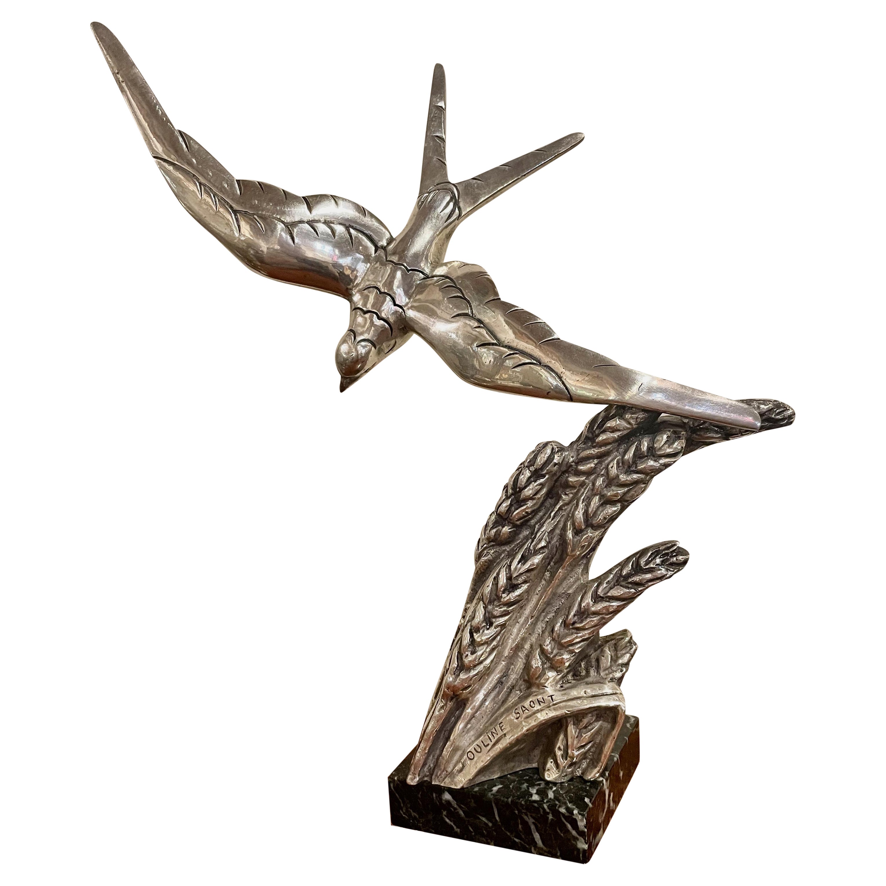 Art Deco Swallow Bronze Sculpture Signed Ouline