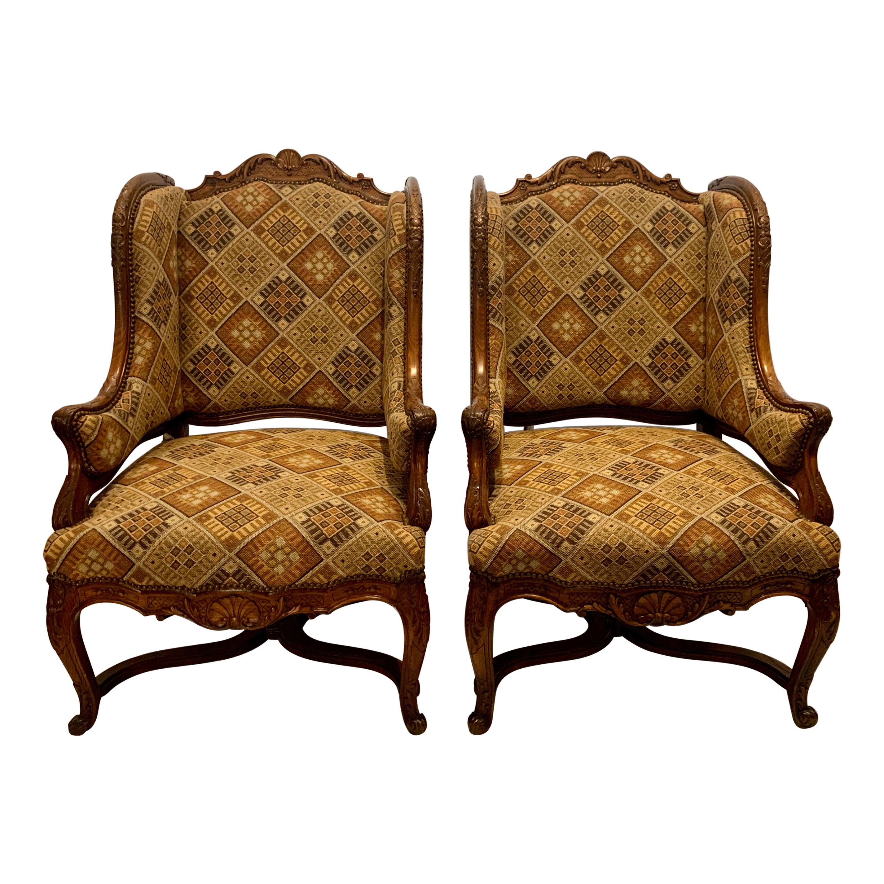 Pair Antique French Carved Walnut Upholstered Bergeres / Armchairs, circa 1880 For Sale