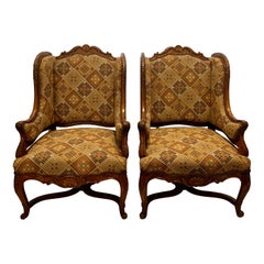 Pair Antique French Carved Walnut Upholstered Bergeres / Armchairs, circa 1880