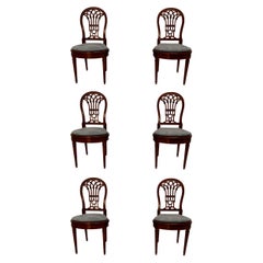 Set of 6 Antique English Mahogany & Cane Dining Chairs w/ Blue Cushions, Ca 1890