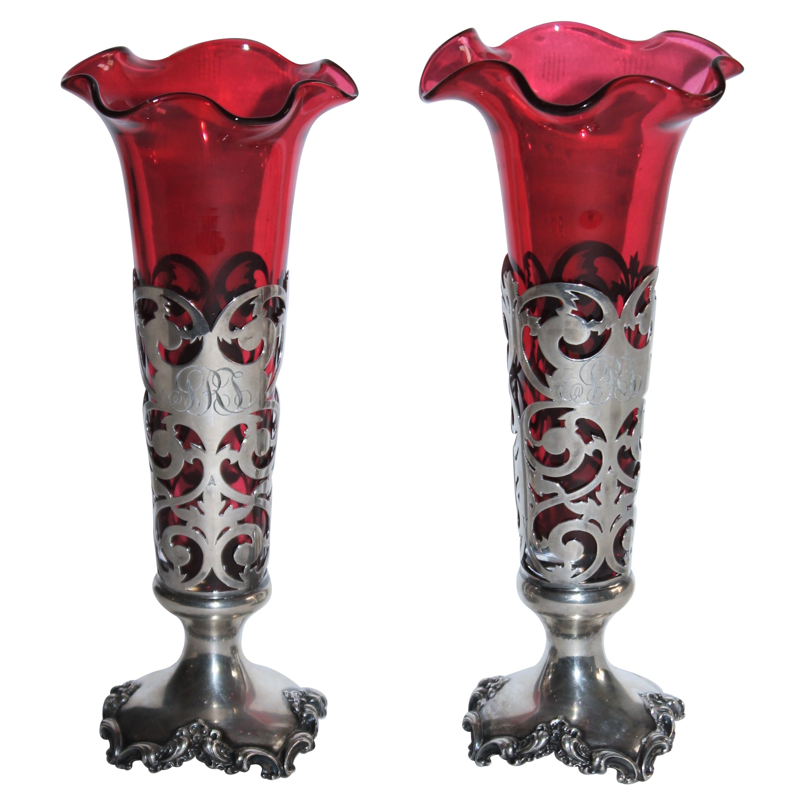 19thc Sterling Silver Vases with Cranberry Glass Inserts-Pair For Sale