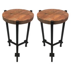 Pair of French Wrought Iron, Travertine & Crystal Side Tables, Marc du Plantier