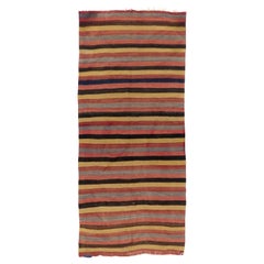 5x11 Ft Handgewebter türkischer Vintage-Kelim-Teppich mit Bändern aus Wolle, Flachgewebe