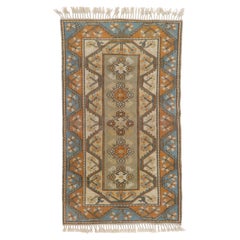 4x6.7 Ft Vintage Handgefertigter türkischer Milas-Akzent-Teppich in Blau und Orange aus 100 % Wolle